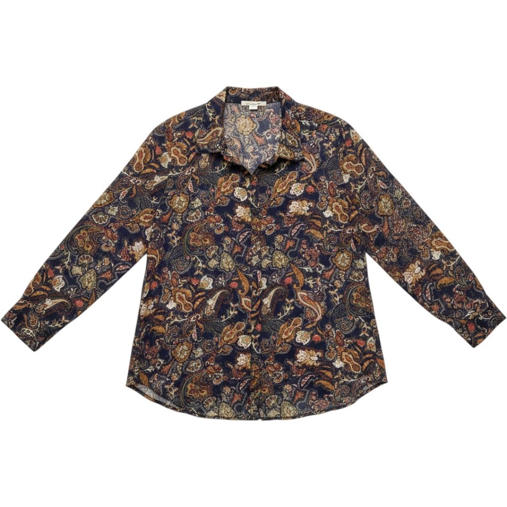 Simply Noelle Button Down Shirt Womens L/XL Navy Blue Paisley Boho Long Sleeve